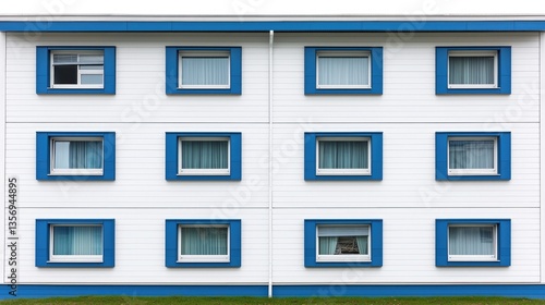 White building, blue trim, twelve windows, grassy base, modern architecture, stock photo