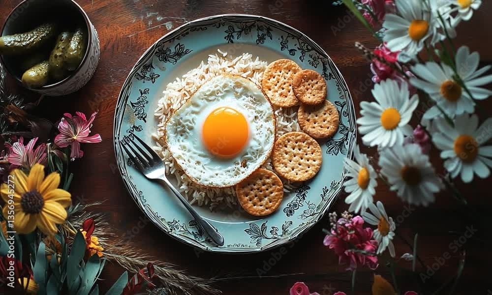 A beautifully arranged plate of rice topped with a sunny-side-up egg and crackers, surrounded by flowers A beautifully arranged plate of rice topped with a sunny-side-up egg and crackers, surrounded by flowers