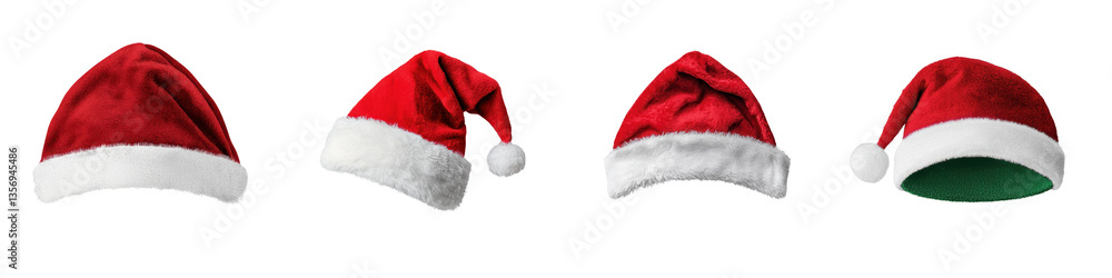 A collection of traditional Santa Claus hats in a classic red and white color scheme displayed in a row against a plain background A collection of traditional Santa Claus hats in a classic red and white color scheme displayed in a row against a plain background