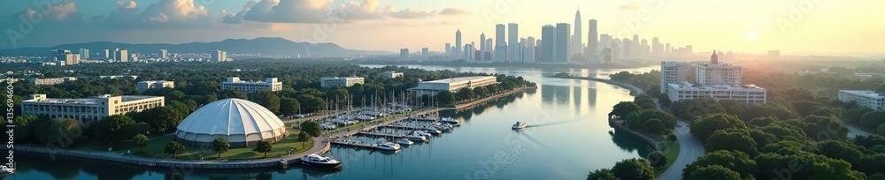 Aerial view of marina and university with city skyline in background, waterfront, ocean Aerial view of marina and university with city skyline in background, waterfront, ocean