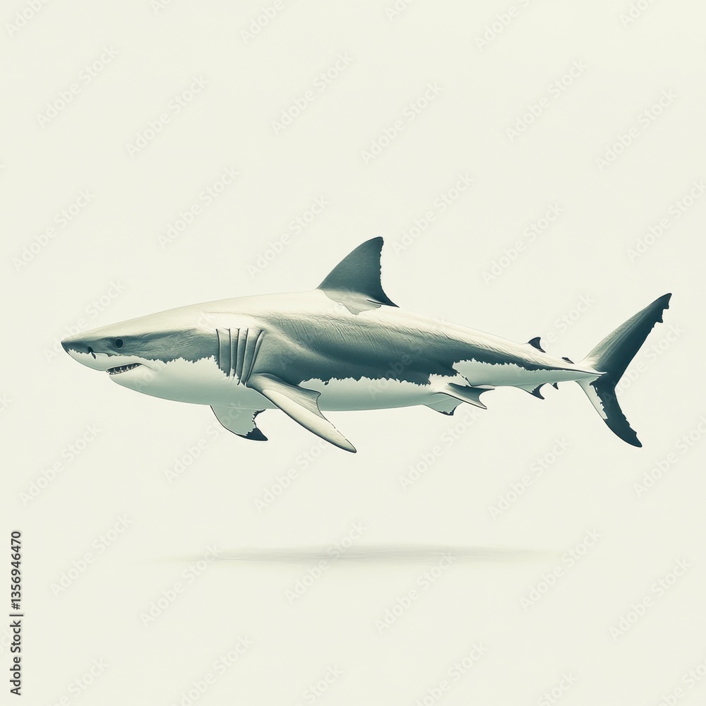Obraz premium Majestic great white shark swimming gracefully against a neutral backdrop in a side view aquatic scene