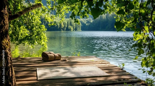 A quiet lakeside scene with a yoga mat placed on a wooden dock, overlooking still water with gentle ripples, symbolizing inner peace and mindfulness