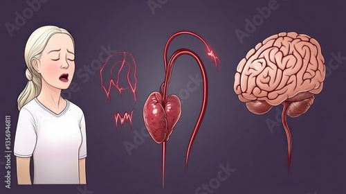 Subarachnoid Hemorrhage: A Medical Illustration Depicting a Woman Experiencing Symptoms and the Neurological Impact of a Burst Blood Vessel in the Brain