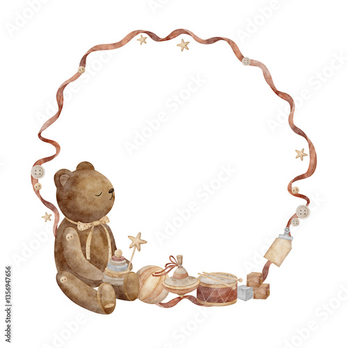 Watercolor wreath teddy bear, vintage toys, buttons, tag. Hand drawn illustration in retro style on isolated background on the theme of sewing, creativity, handmade, hobby, copy space template