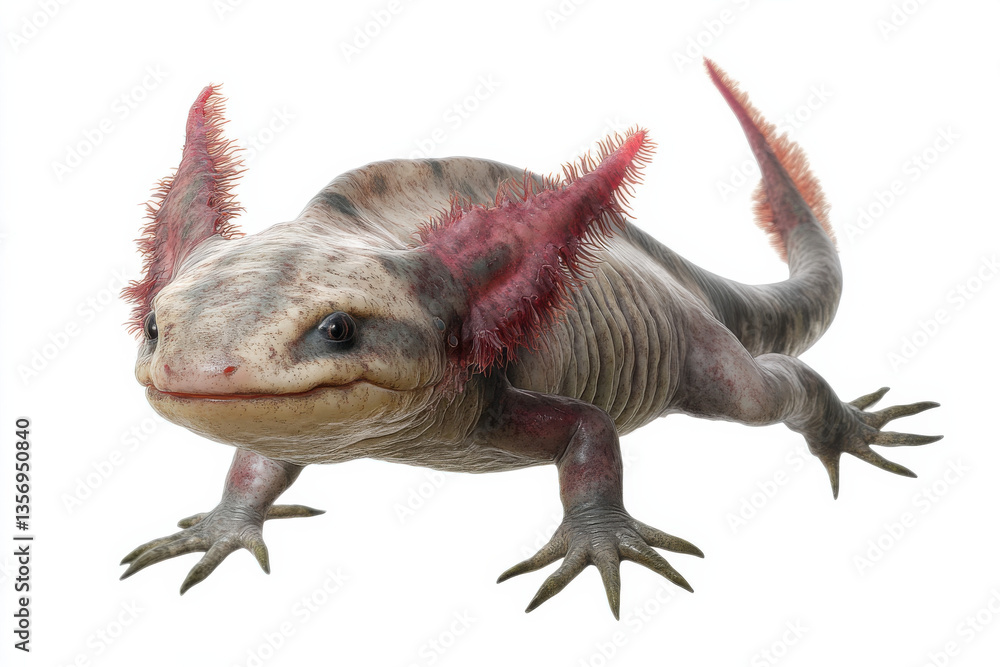 Naklejka premium Axolotl in a swimming position, set against a white background to showcase unique features 