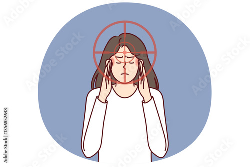 Depressed woman with rifle target near face senses danger and is stressed out due to bullying or misunderstanding. Depressed person been psychological attacked by others because intolerance of society