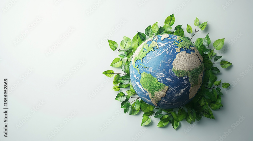 Earth globe surrounded by vibrant green leaves, representing environmental awareness and sustainability efforts Earth globe surrounded by vibrant green leaves, representing environmental awareness and sustainability efforts