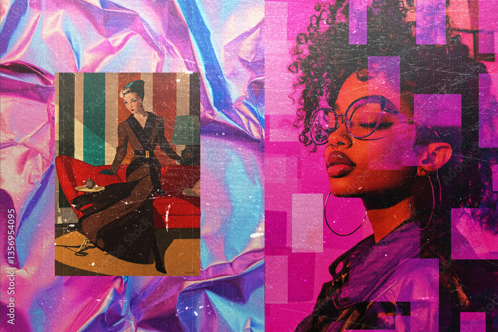 Obraz premium Vibrant Collage: Elegant Woman in Vintage Attire on Couch with Soft Curls & Glasses, Stylish African American Woman in Modern Streetwear