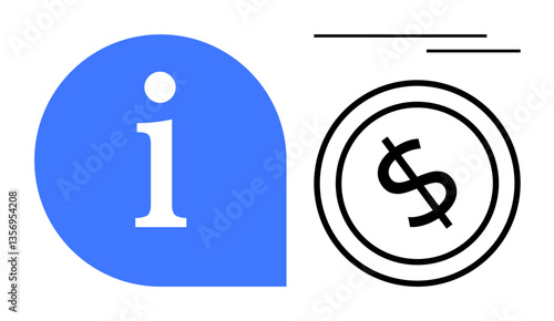 Blue information bubble next to a dollar coin icon symbolizes financial tips, money advice, finance help, savings, monetary support, consulting services, and informed decisions. Ideal for flat simple
