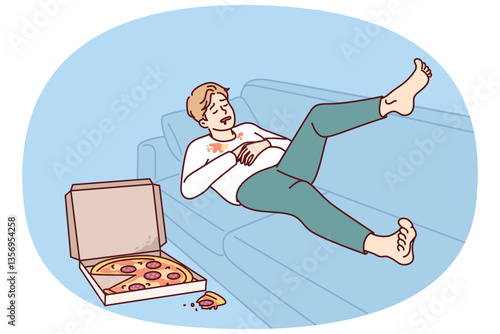 Ugly fat man sleeping on sofa near pizza box for wrong lifestyle concept of obesity causing. Guy suffering from problem of obesity needs help of nutritionist and eating healthy diet food.