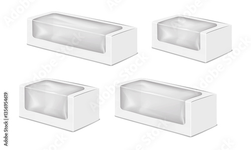 White blank clamshell paper box with clear plastic window. Realistic 3d vector mock-up set. Cardboard box with transparent lid. Mockup kit. Takeout food paperboard container package. Template
