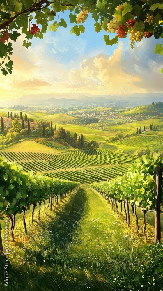 Naklejka premium Scenic Vineyard Landscape with Lush Green Hills and Blue Sky