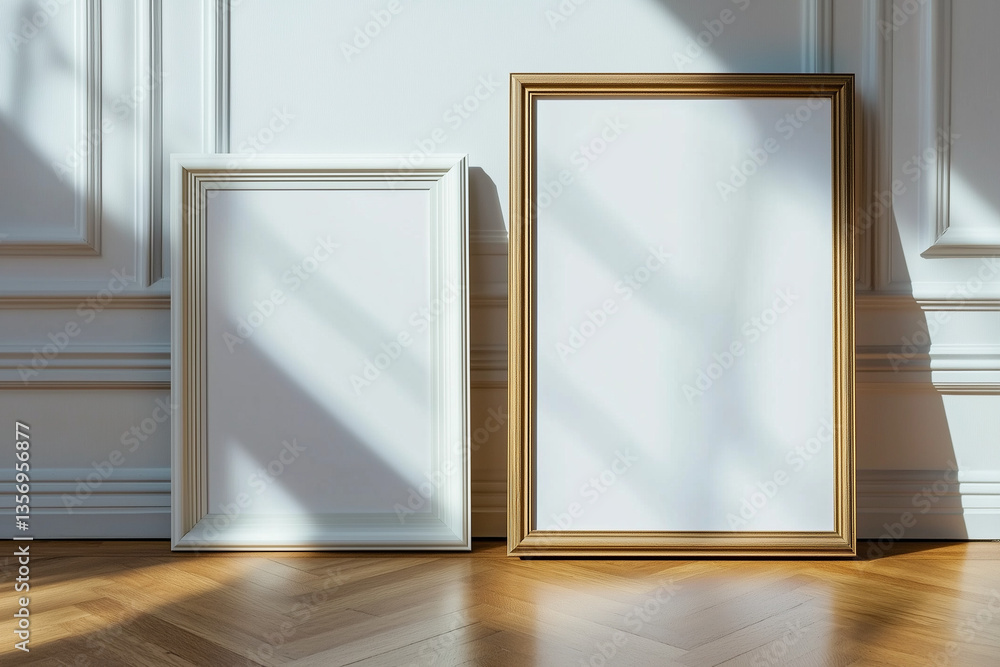 Blank wooden and white frames leaning against a light-colored wall. Great for art mockups and interior design Blank wooden and white frames leaning against a light-colored wall. Great for art mockups and interior design
