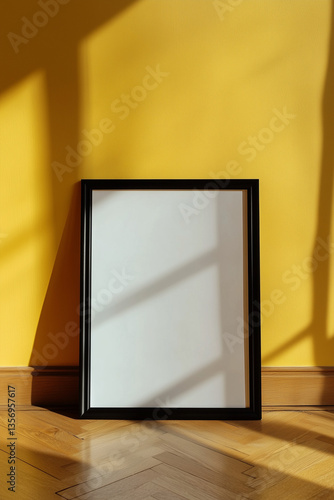 Modern black picture frame on a bright yellow wall. Perfect for home decor, interior design, and art mockups