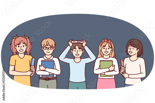 Group of schoolchilds with textbooks stands nearby and smiles to advertise private school or additional education. Happy schoolchilds from elementary grades for back to school concept