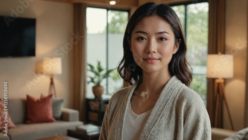 Free Download Cheerful Japanese woman in a cozy and personalized home setting, looking at the viewer with a friendly expression, representing comfort and individuality - GFXLoad