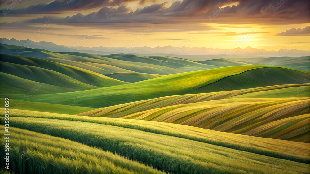 Obraz premium Rolling Green Hills at Sunset with Lush Fields