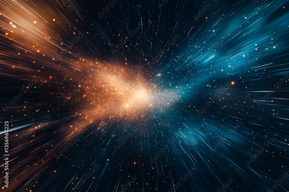 Fototapeta premium Orange and blue light explosion in deep space with radiant star particles and motion blur, abstract cosmic energy burst and sci-fi background of galaxy collision