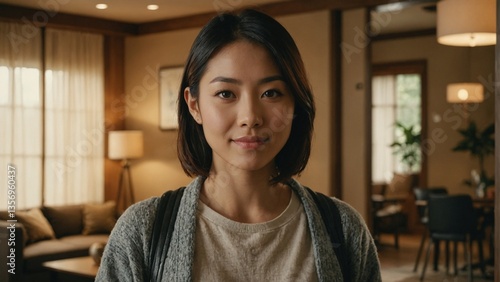 Smiling Japanese woman standing in a bright and airy yoga studio with yoga mats and blocks, representing a healthy lifestyle and the practice of yoga