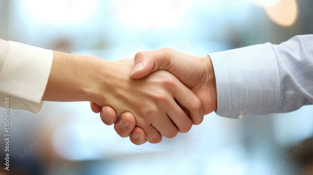 A businessman and a businesswoman shaking hands in an office setting A businessman and a businesswoman shaking hands in an office setting