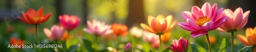 A close-up shot of vibrant spring flowers blooming in a garden,  growth,  blooming