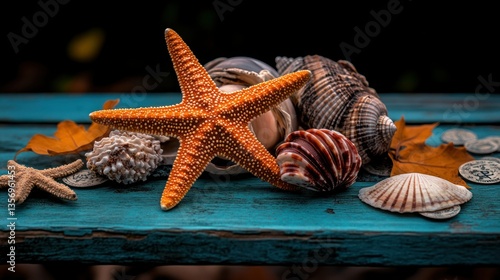 Autumn seashells and starfish on teal wooden surface with fall leaves