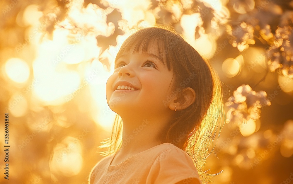 Fototapeta premium A happy little girl smiling and looking up at the sky, a portrait with sunlight filtering through the trees, a blurred background, depth of field, high-resolution photography, hyper-realistic,