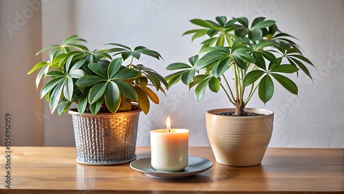 table with potted schefflera and scented candle