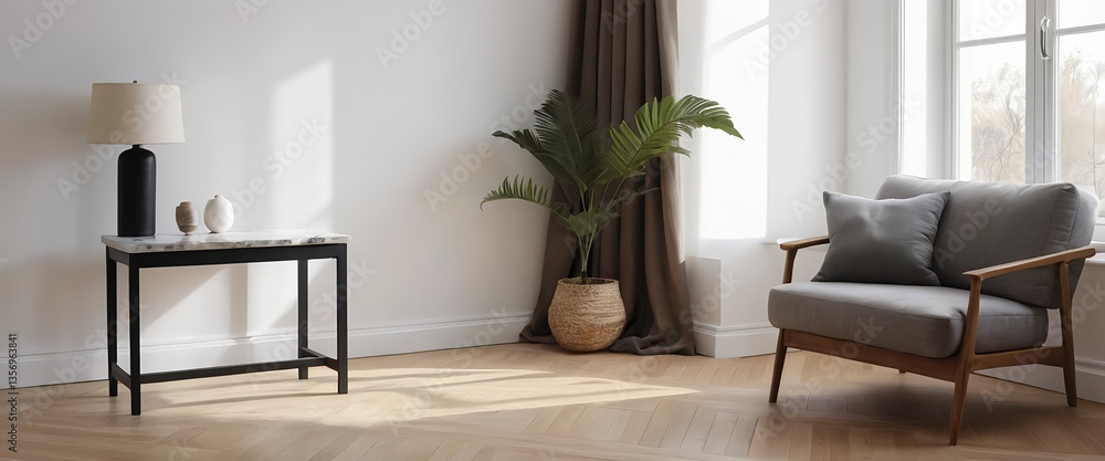 Fototapeta premium Modern Living Room Interior with Comfortable Armchair and Stylish Console Table