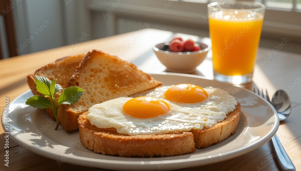 Delicious breakfast spread featuring sunny-side-up eggs on toast, fresh mint garnish, orange juice, and a side of berries for a wholesome start to the day. Delicious breakfast spread featuring sunny-side-up eggs on toast, fresh mint garnish, orange juice, and a side of berries for a wholesome start to the day.