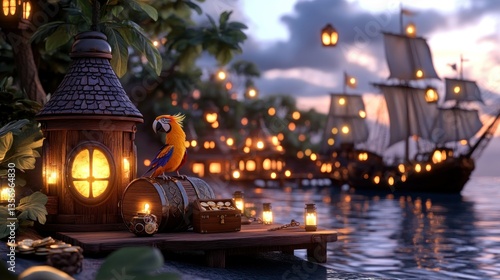 Pirate parrot perched on dock at sunset harbor town