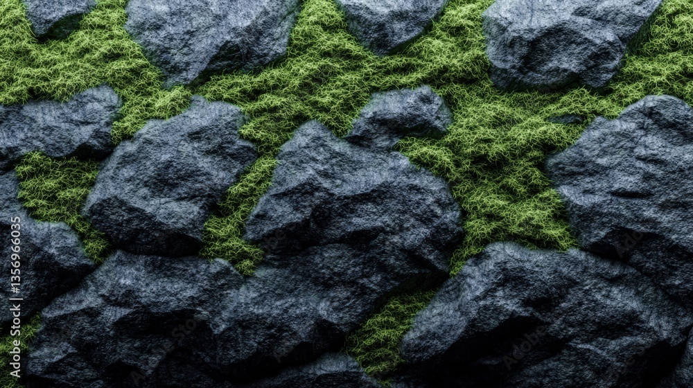 Detailed Close-Up of Mossy Rock Texture Featuring Dark Stone and Vibrant Green Foliage in Natural Environment Detailed Close-Up of Mossy Rock Texture Featuring Dark Stone and Vibrant Green Foliage in Natural Environment
