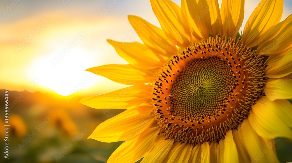 Closeup of sunflower in full bloom with golden sunset background.