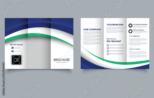 Trifold Brochure Template with blue waves. Editable image.
