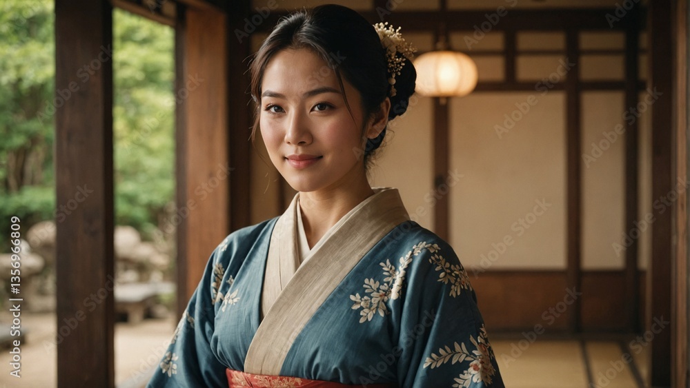 Happy Japanese woman wearing a vibrant traditional garment in a culturally significant location, representing the beauty of Japanese traditions and suitable for travel-related content Happy Japanese woman wearing a vibrant traditional garment in a culturally significant location, representing the beauty of Japanese traditions and suitable for travel-related content