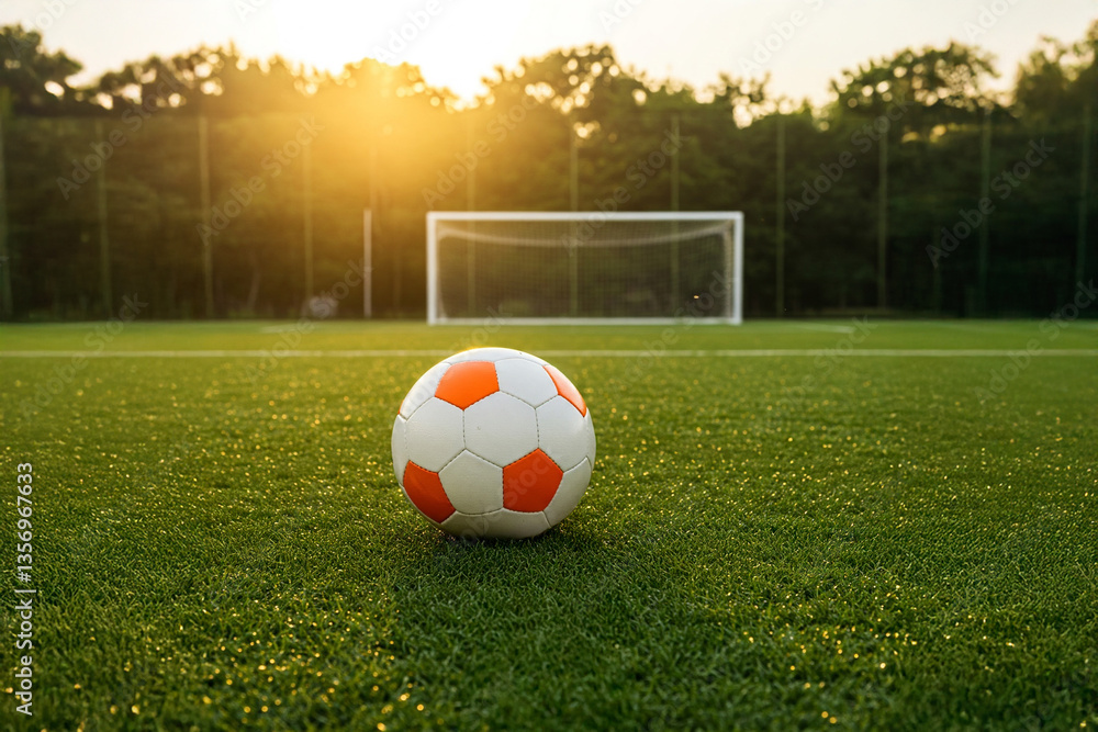Obraz premium Soccer Ball on a Green Field: A Moment of Anticipation and Potential Before the Start of a Game