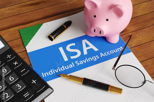The cover page of a document showing the title ISA, together with a pink piggy bank, a calculator, a fountain pen and spectacles on a wooden table. Illustration of British Individual savings accounts