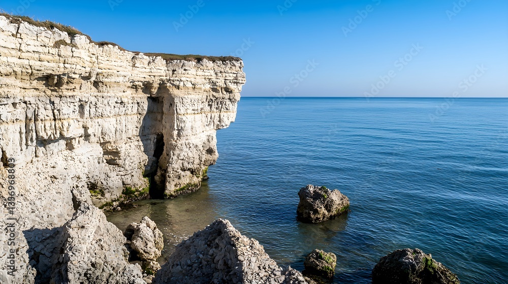 Fototapeta premium seaside cliff concept Cliffside overlooking a calm sea under a clear blue sky.
