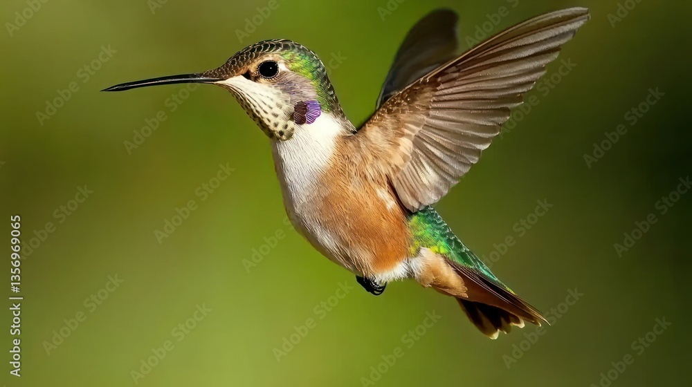 Fototapeta premium A close-up of a hummingbird hovering near colorful blossoms.