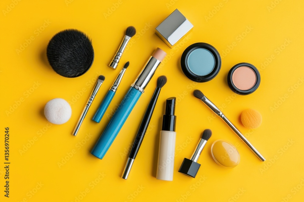 Beauty cosmetics and tools displayed on vibrant yellow background Beauty cosmetics and tools displayed on vibrant yellow background