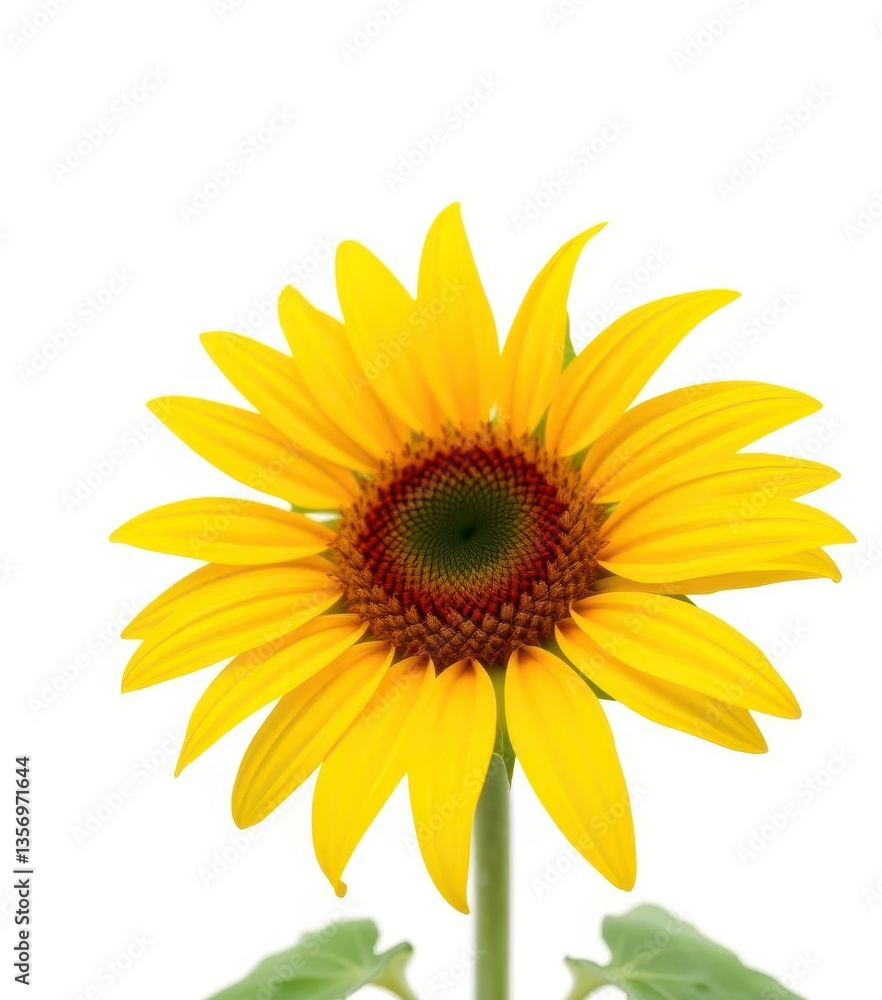 Single sunflower blossom, vibrant yellow petals against pure white background, serenity, head Single sunflower blossom, vibrant yellow petals against pure white background, serenity, head