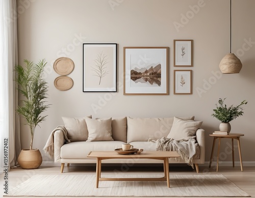 Cozy Beige Living Room Interior with Wooden Accents
