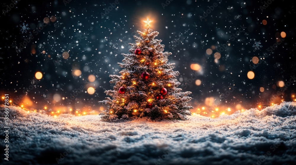 Naklejka premium Snowy night scene with a decorated Christmas tree glowing warmly amidst falling snow