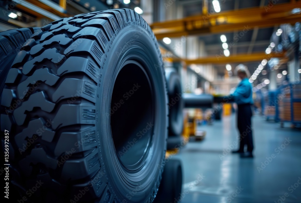 Fototapeta premium Tire manufacturing. Close-up of large industrial tire tread pattern in production facility with worker in background, showing rubber manufacturing process.