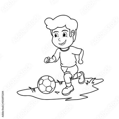 Outline vector illustration of a happy boy playing soccer. Ideal for children's coloring books, educational materials, and activity sheets. 