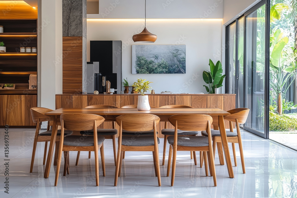 a modern dining room with wooden furniture and large windows. A dining table, chairs, and decorative elements create an inviting space a modern dining room with wooden furniture and large windows. A dining table, chairs, and decorative elements create an inviting space