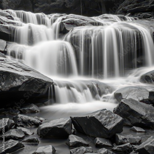 Smooth, satin waterfall cascading over river rocks, long exposure black and white, black, minimalist