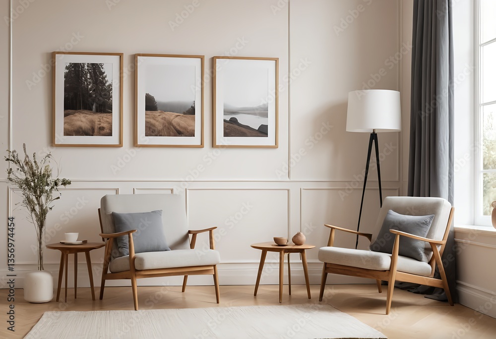 Fototapeta premium Modern Living Room Interior with Two Armchairs and Landscape Prints