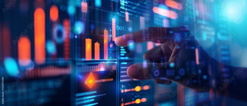 A hand interacts with a digital interface displaying vibrant data visualizations and analytics, emphasizing technology and data analysis. A hand interacts with a digital interface displaying vibrant data visualizations and analytics, emphasizing technology and data analysis.