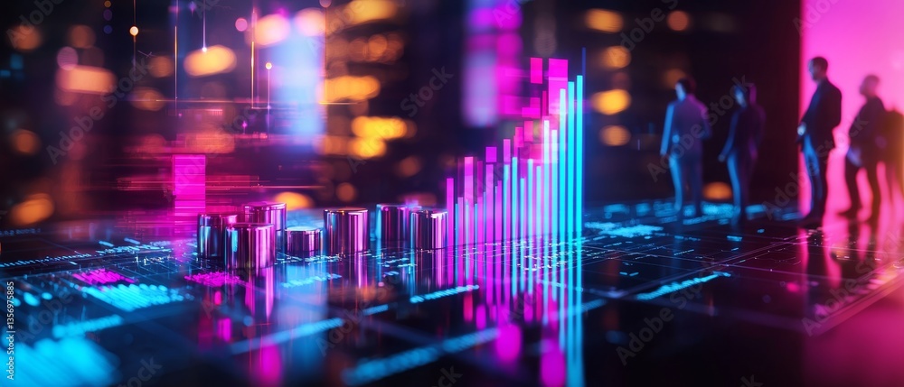 Obraz premium A vibrant digital landscape featuring glowing graphs and figures, symbolizing data analysis and technological advancement.